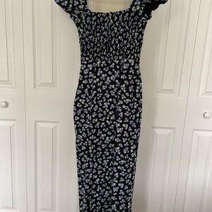 Zara Black and White Smocked Maxi Dress with Flutter Sleeves